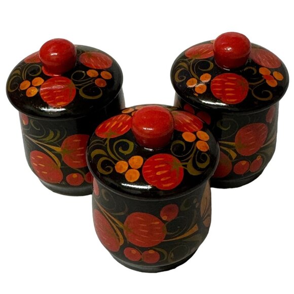 Russian Khokhloma Hand Painted Folk Art VTG 3Pc Lidded Spice Trinket Containers - Picture 3 of 13